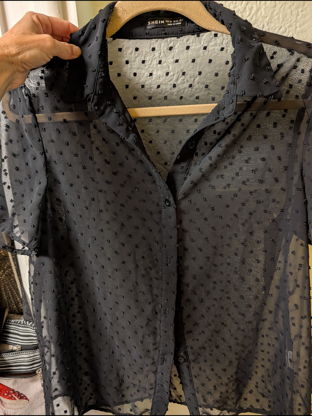 SHEIN Black Sheer Swiss Dot Button-Up Blouse